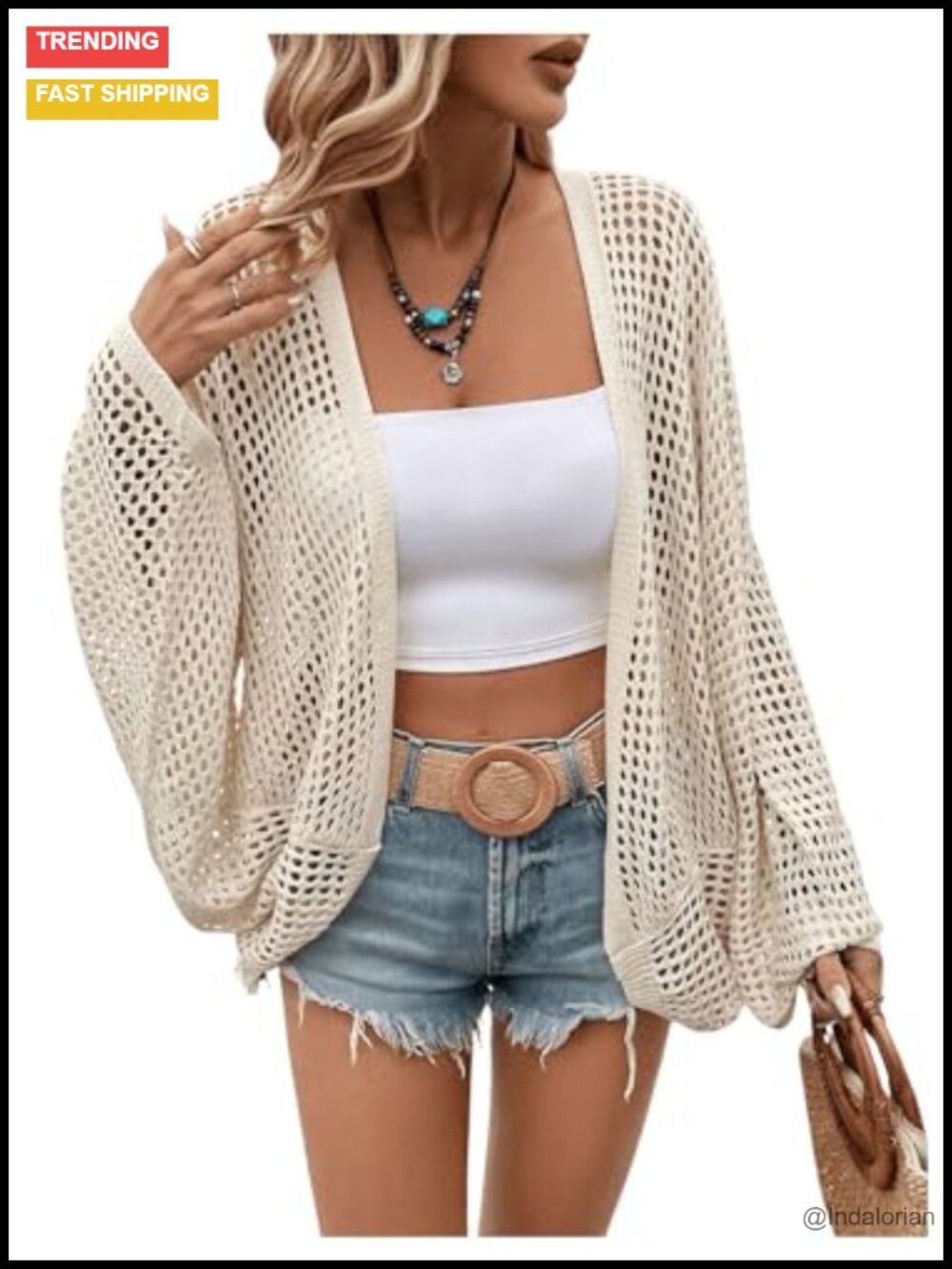 Lightweight Crochet Cardigan Dolman Sleeve Open Front Loose Fit Summer Sheer